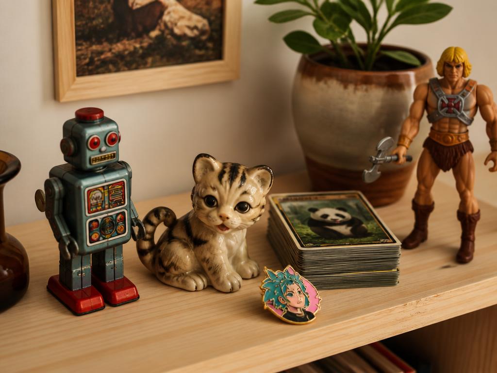 Vintage tin robot, ceramic cat figurine, trading cards, enamel pin and a retro action figure on a shelf