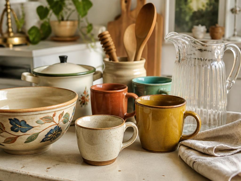 Colorful ceramic mugs, a patterned bowl, enamel pot, wooden utensils and a glass pitcher on a kitchen counter