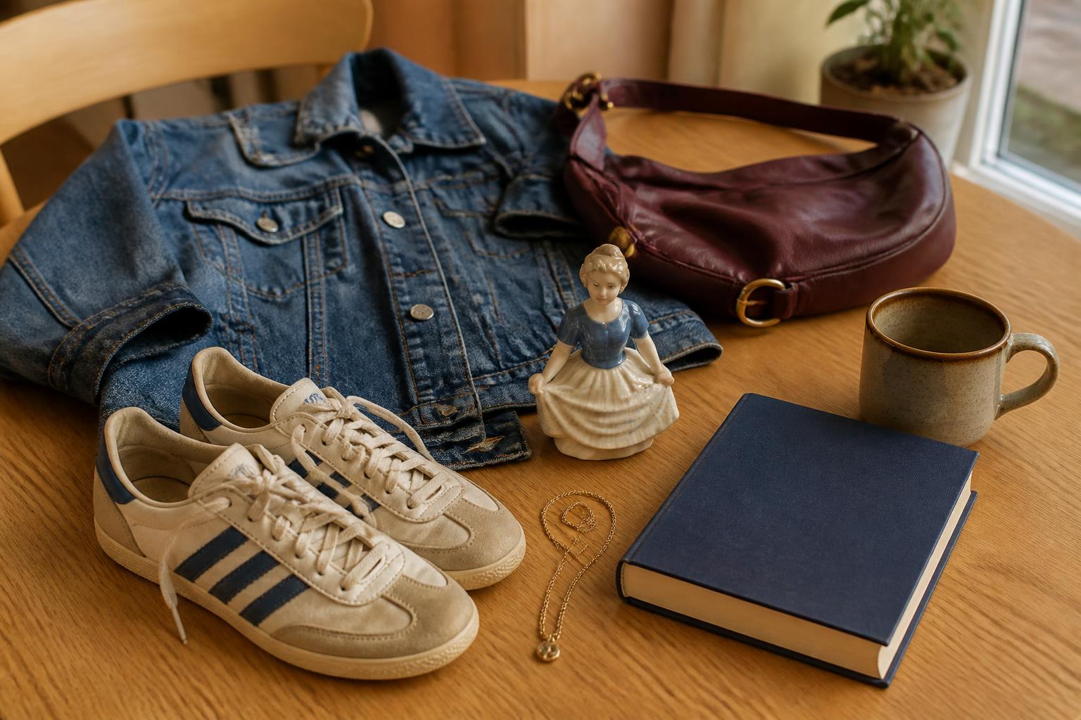 A denim jacket, retro sneakers, leather handbag, ceramic figurine, gold necklace, book and mug on a wooden table